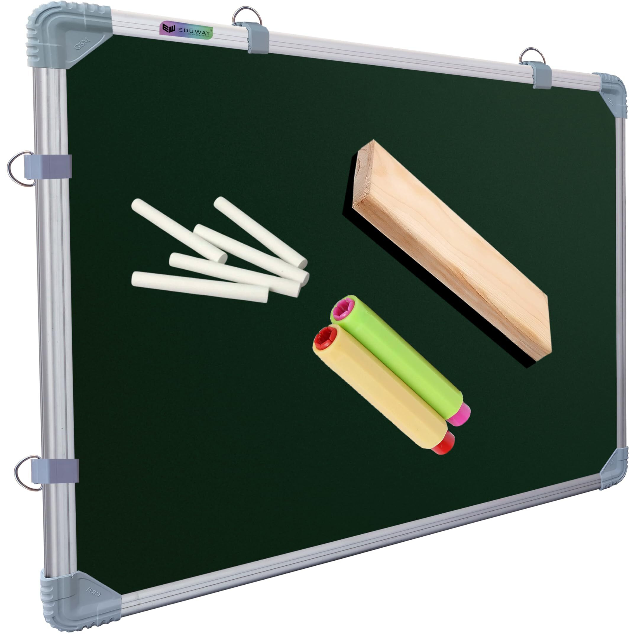 Eduway 3X2 Feet Kunj Non-Magnetic Double-Sided Chalk Board & White Board (Combo Pack) With 1 Wooden Duster, 2 Chalk Holders, 10 Non-Dust Chalk Sticks For Kids, School, Teaching, (89X59 Cms) - Green