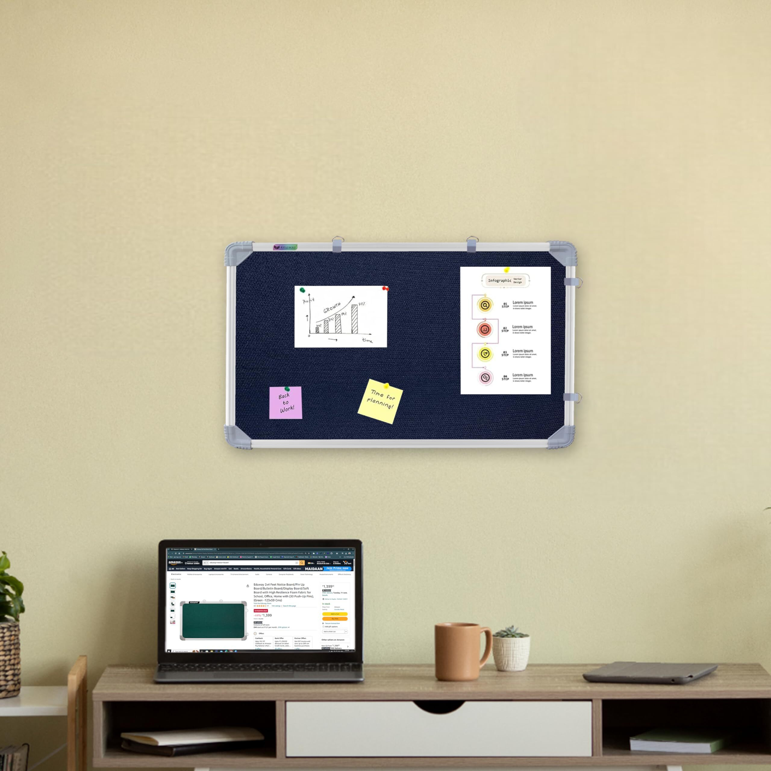Eduway 1X2 Feet Aluminium Framed | Notice Board | Pin-Up-Board | Bulletin-Board | Display Board | With Soft Foam Fabric For Home, School, Office & Study Room | (Blue -29X59) Cms