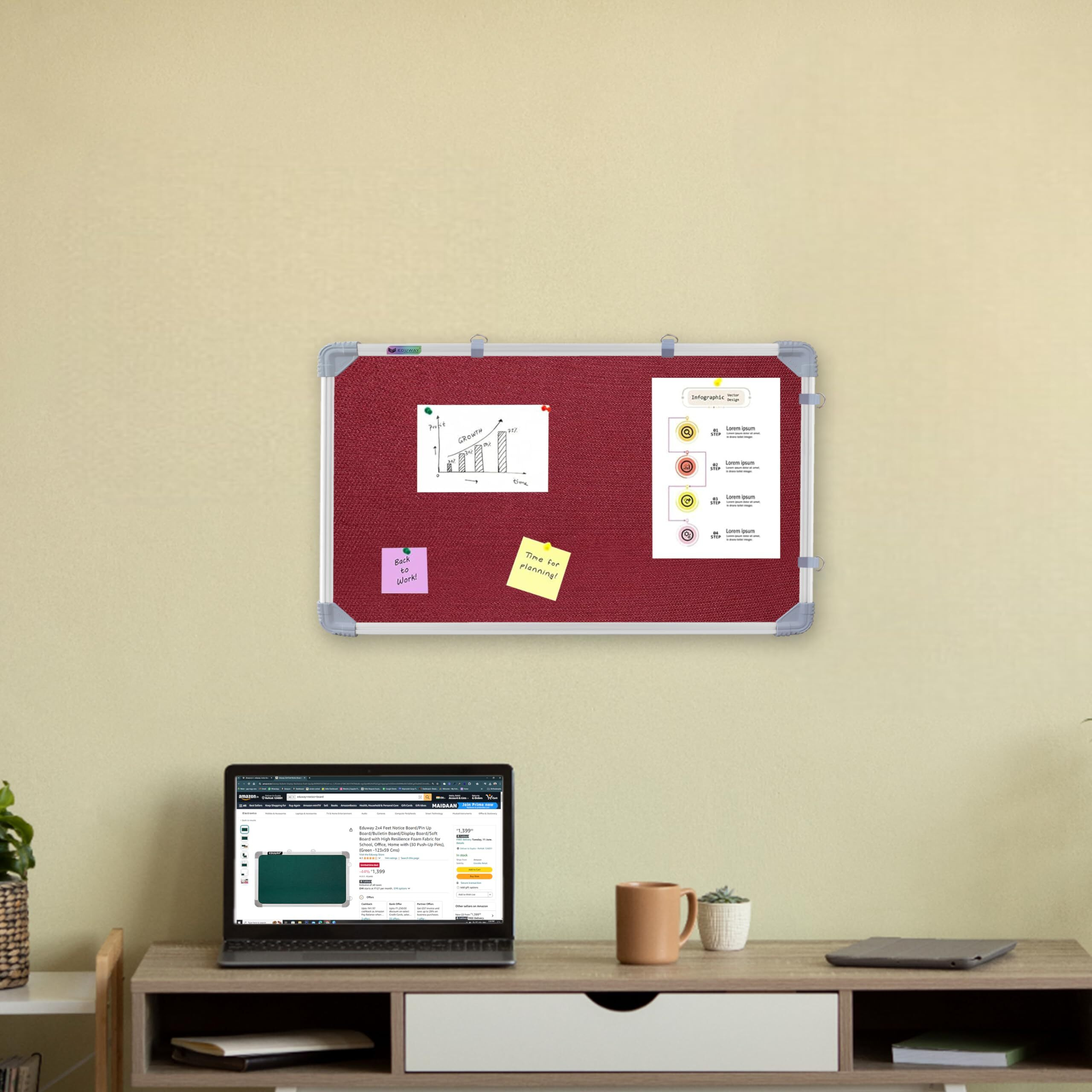 Eduway 1X2 Feet Small Pin Up Board/Notice Board/Bulletin Board/Soft Board/Display Board With High Resilience Foam Fabric For School, Office, Home With (20 Push Up Pins) (Maroon- 59X29 Cms).
