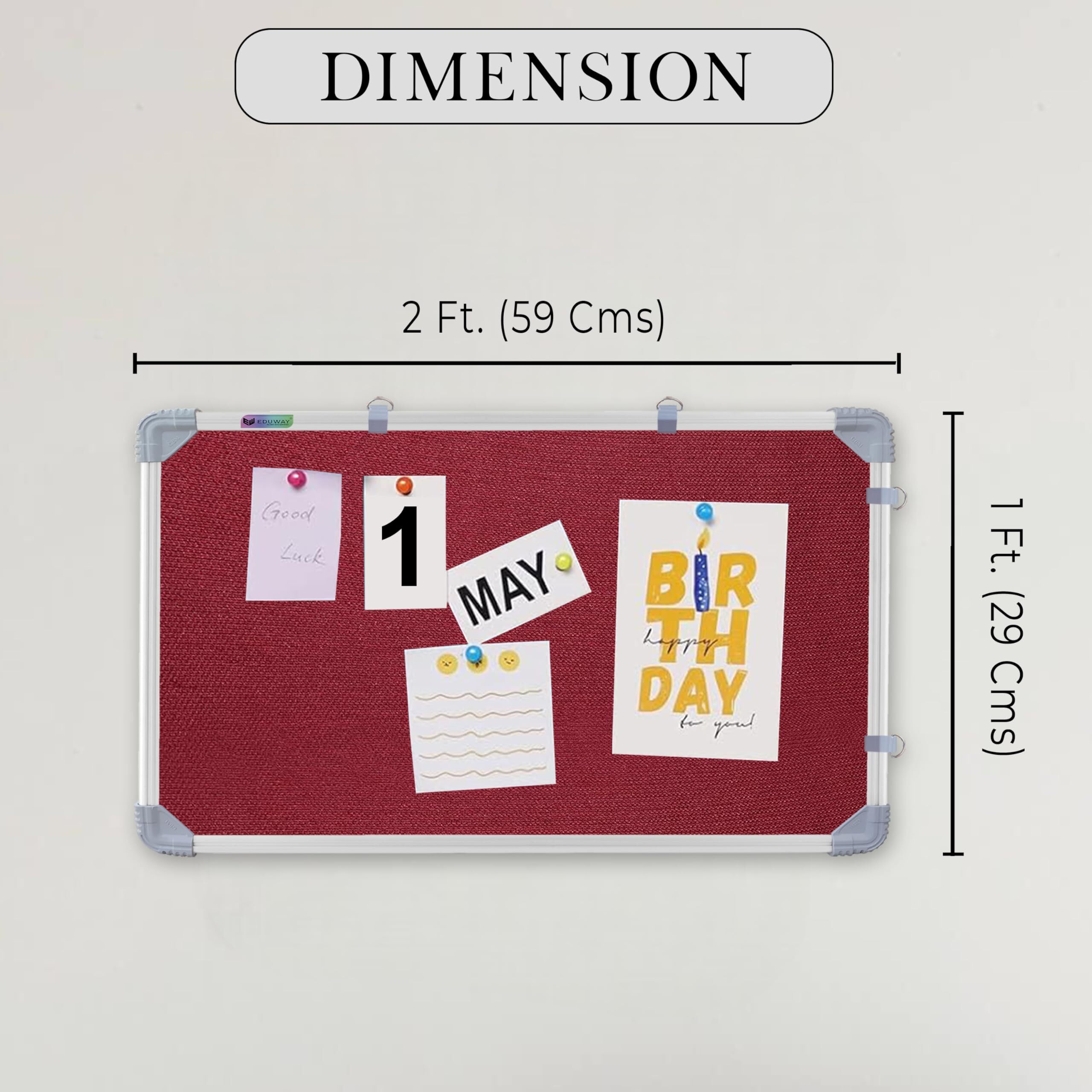 Eduway 1X2 Feet Small Pin Up Board/Notice Board/Bulletin Board/Soft Board/Display Board With High Resilience Foam Fabric For School, Office, Home With (20 Push Up Pins) (Maroon- 59X29 Cms).