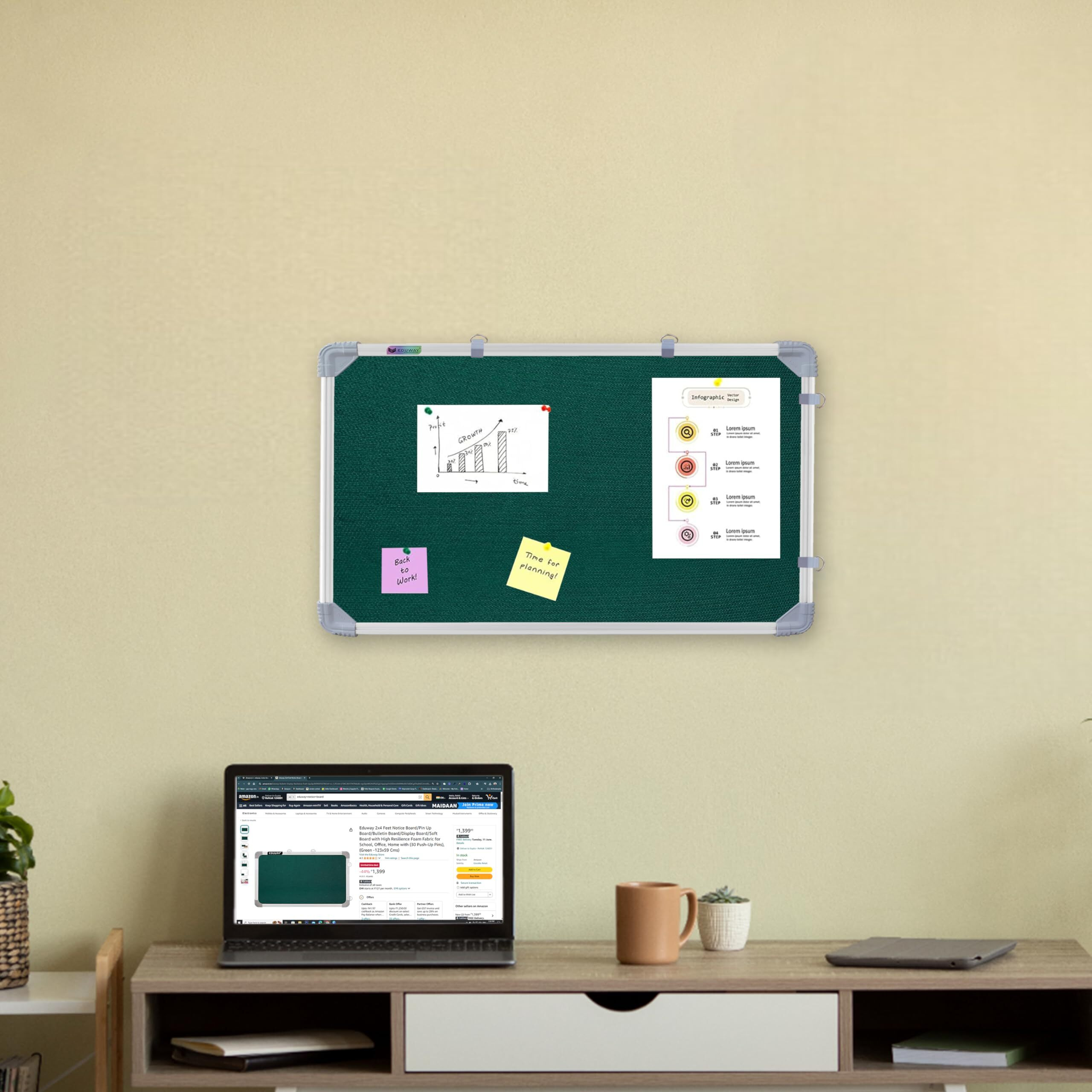Eduway 2X1 Feet Notice Board/Pin Up Board/Bulletin Board/Display Board/Soft Board With High Resilience Foam Fabric For School, Office, Home With (20 Push-Up Pins)` (Green - 59X29 Cms)