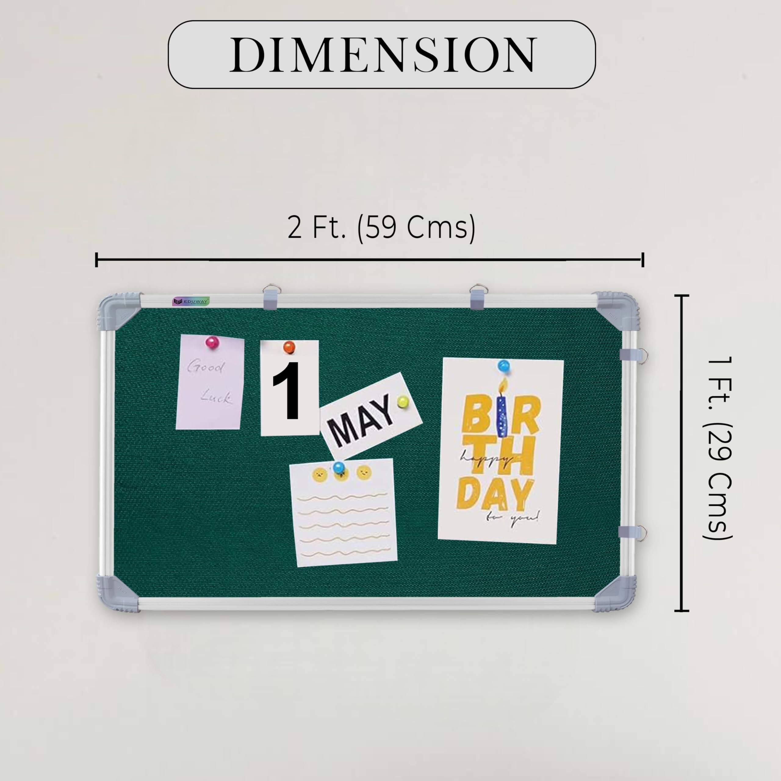 Eduway 1X2 Feet Small Pin Up Board/Notice Board/Bulletin Board/Soft Board/Display Board With High Resilience Foam Fabric For School, Office, Home With (20 Push Up Pins) (Green- 59X29 Cms).