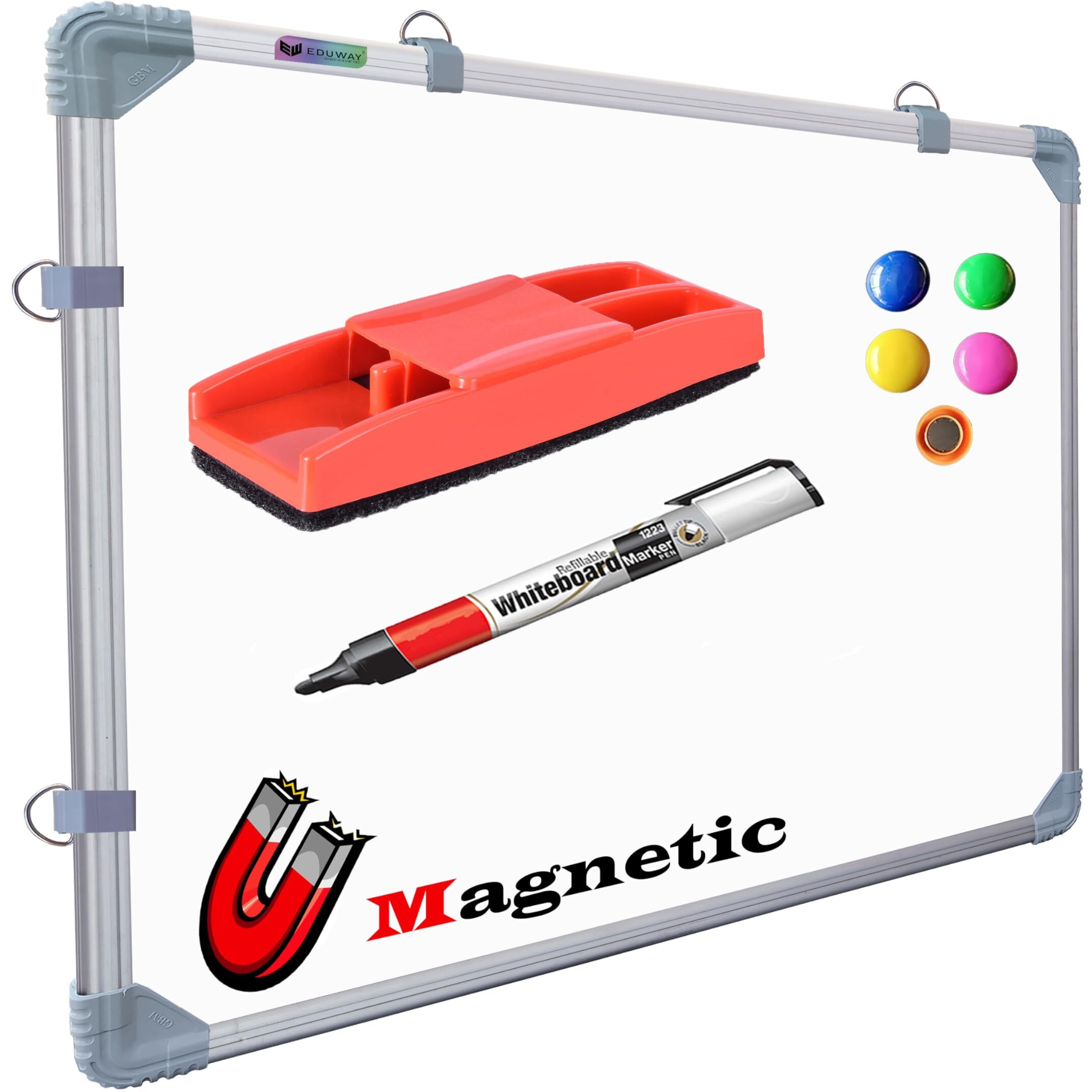 Eduway (Magnetic) 2X1.5 Feet White Board With (Marker, Duster And Magnets) | Ideal Use For Home, Office, Kids With Sliding Hanging Clips, Robust Aluminum Frame And Smooth Melamine Surface (41X59 Cms)