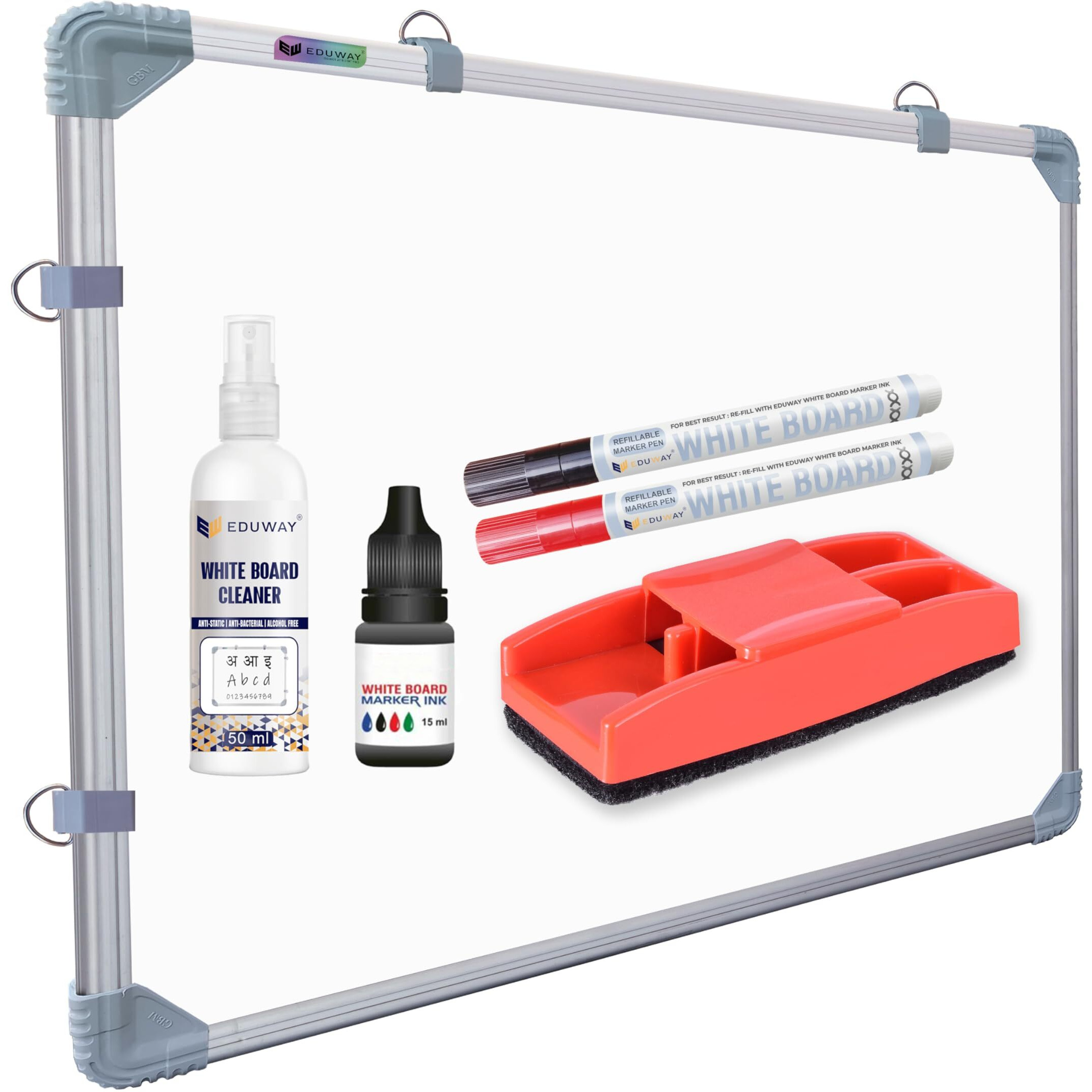 Eduway 3X2 Feet Whiteboard Combo Kit | 1 Duster, 2 Marker, 1 Marker Ink, 1 Cleaner Spray | Double-Sided Whiteboard & Chalkboard | Ideal Use For Office & Home With Sliding Hanging Clips (59X89 Cms).