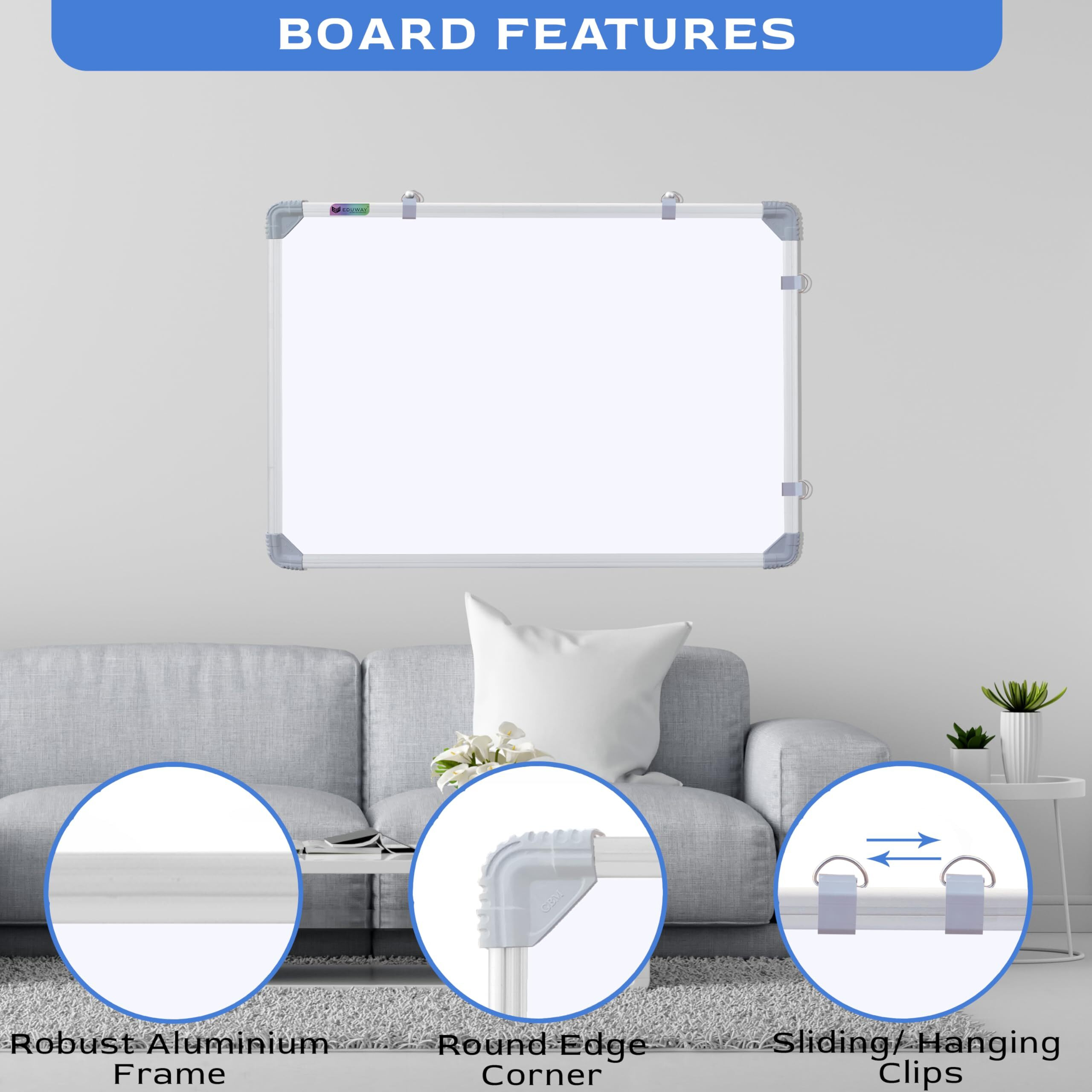 Eduway 3X2 Feet Whiteboard Combo Kit | 1 Duster, 2 Marker, 1 Marker Ink, 1 Cleaner Spray | Double-Sided Whiteboard & Chalkboard | Ideal Use For Office & Home With Sliding Hanging Clips (59X89 Cms).