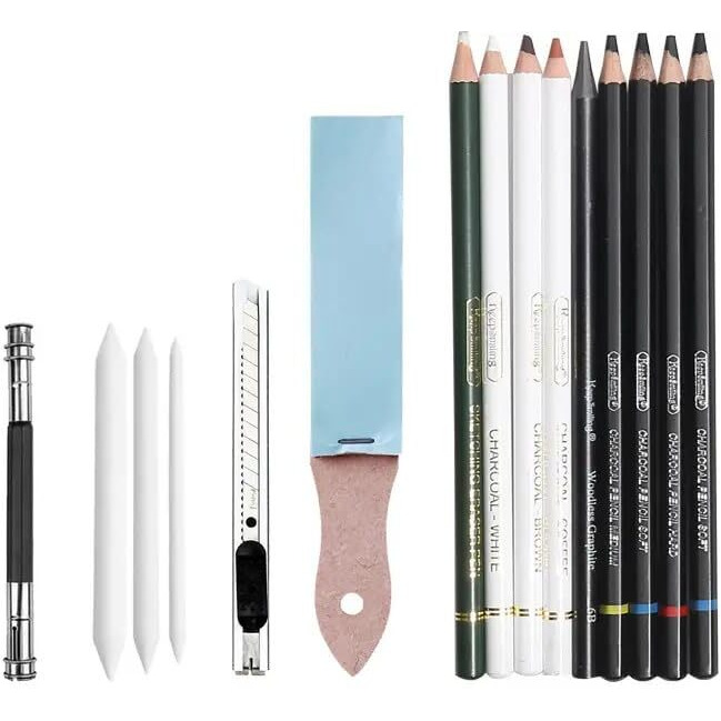 Eduway Sketching Kit 42 Pcs For Sketching & Drawing | Include 26 Pencil, 6 Sticks, 3 Stumps, 1Sharpener, 1 Sandpaper, 1 Cutter, 1 Extender, 3 Charcoal Road With Zipper Bag | Ideal For Beginners, Artists & Adults