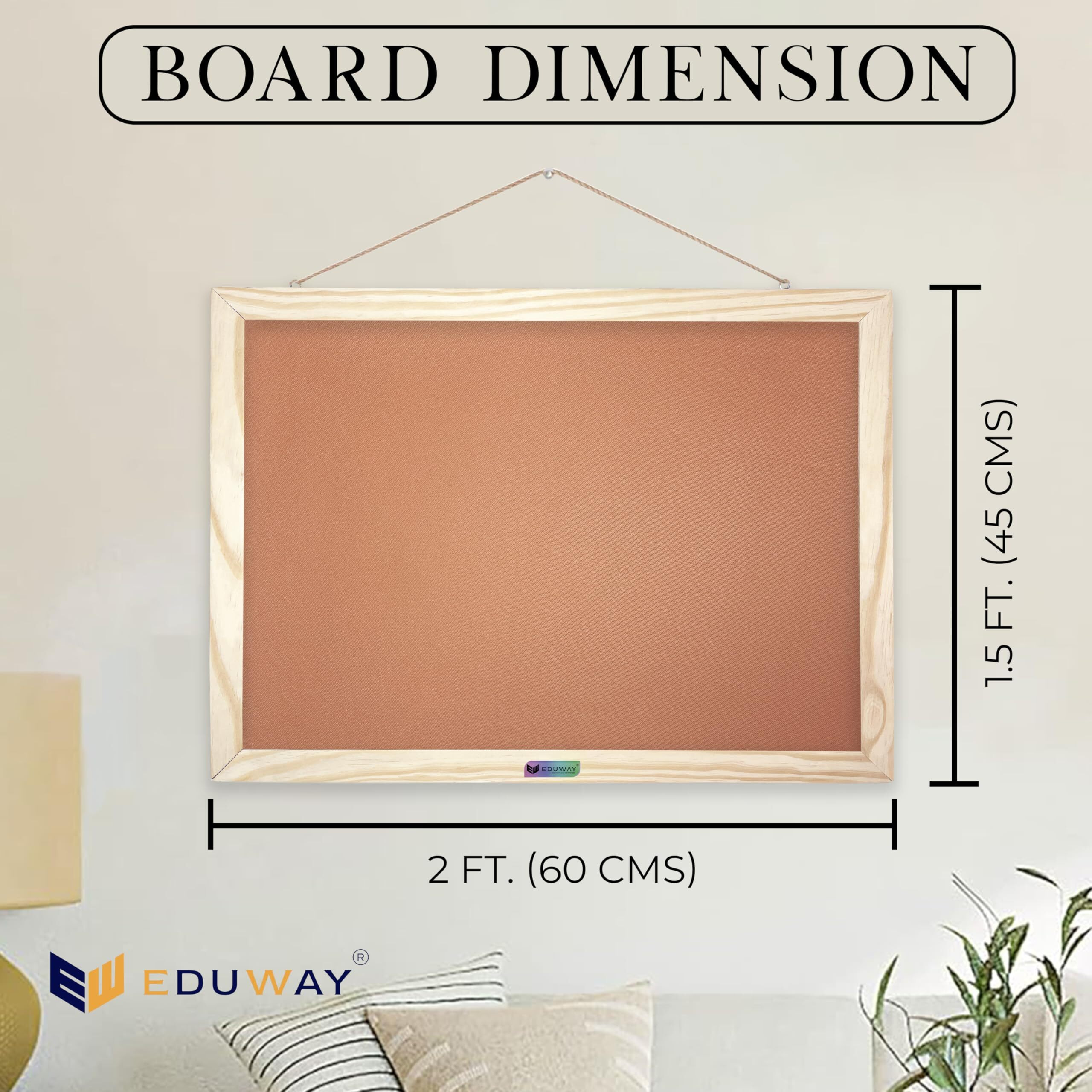 Eduway Wooden Framed Notice Board (1.5X2 Feet) - Pin-Up Bulletin Display Board With Soft Foam Fabric For Home, School, Office & Study Room (Brown-45X60 Cms)