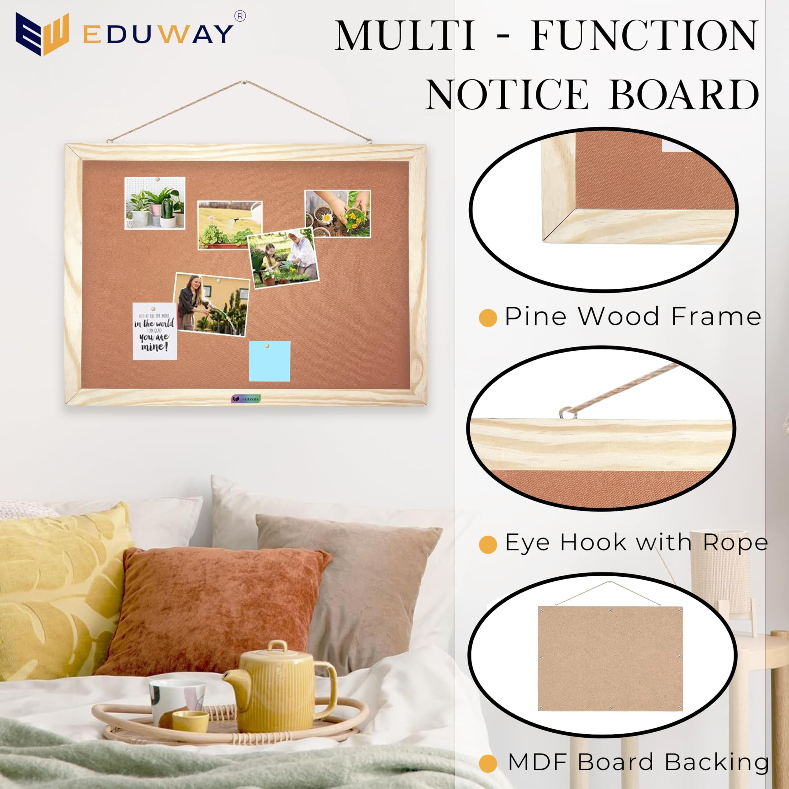 Eduway Wooden Framed Notice Board (1.5X2 Feet) - Pin-Up Bulletin Display Board With Soft Foam Fabric For Home, School, Office & Study Room (Brown-45X60 Cms)