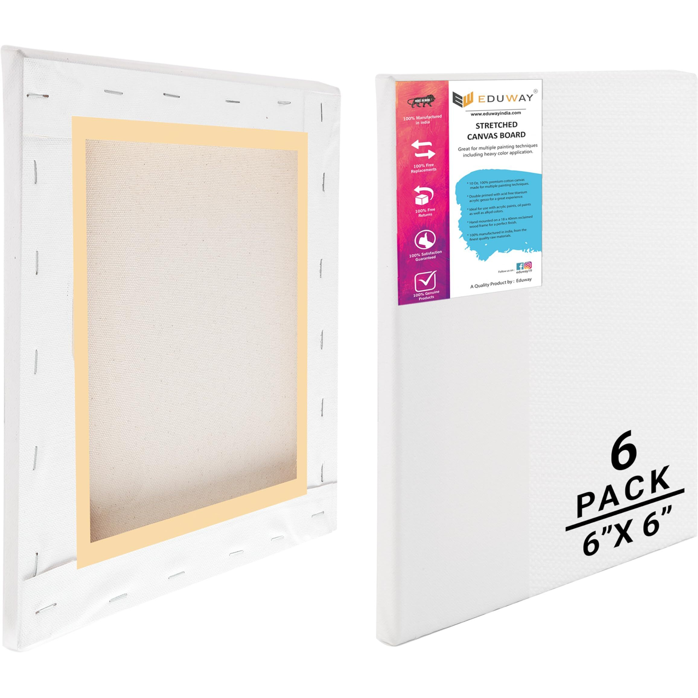 Eduway 6X6 Inches Pre Stretched Medium Grain 7Oz Primed Cotton Painting Canvas With Wooden Frame For Beginners & Artist | Suitable With Acrylic, Oil, Water Colours- (Set Of 6)