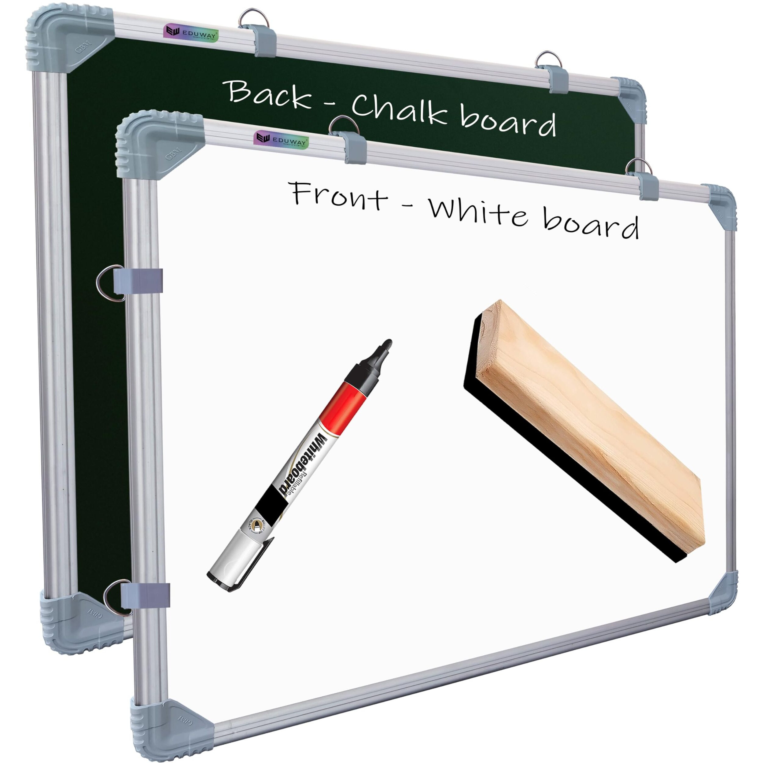 Eduway 1.5X2 Feet Kunj Non-Magnetic Double-Sided White Board And Chalkboard Combo With 1 Marker And 1 Duster | Ideal Use For Home, Office, With Sliding Hanging Clips, Robust Aluminum Frame (59X41Cm)
