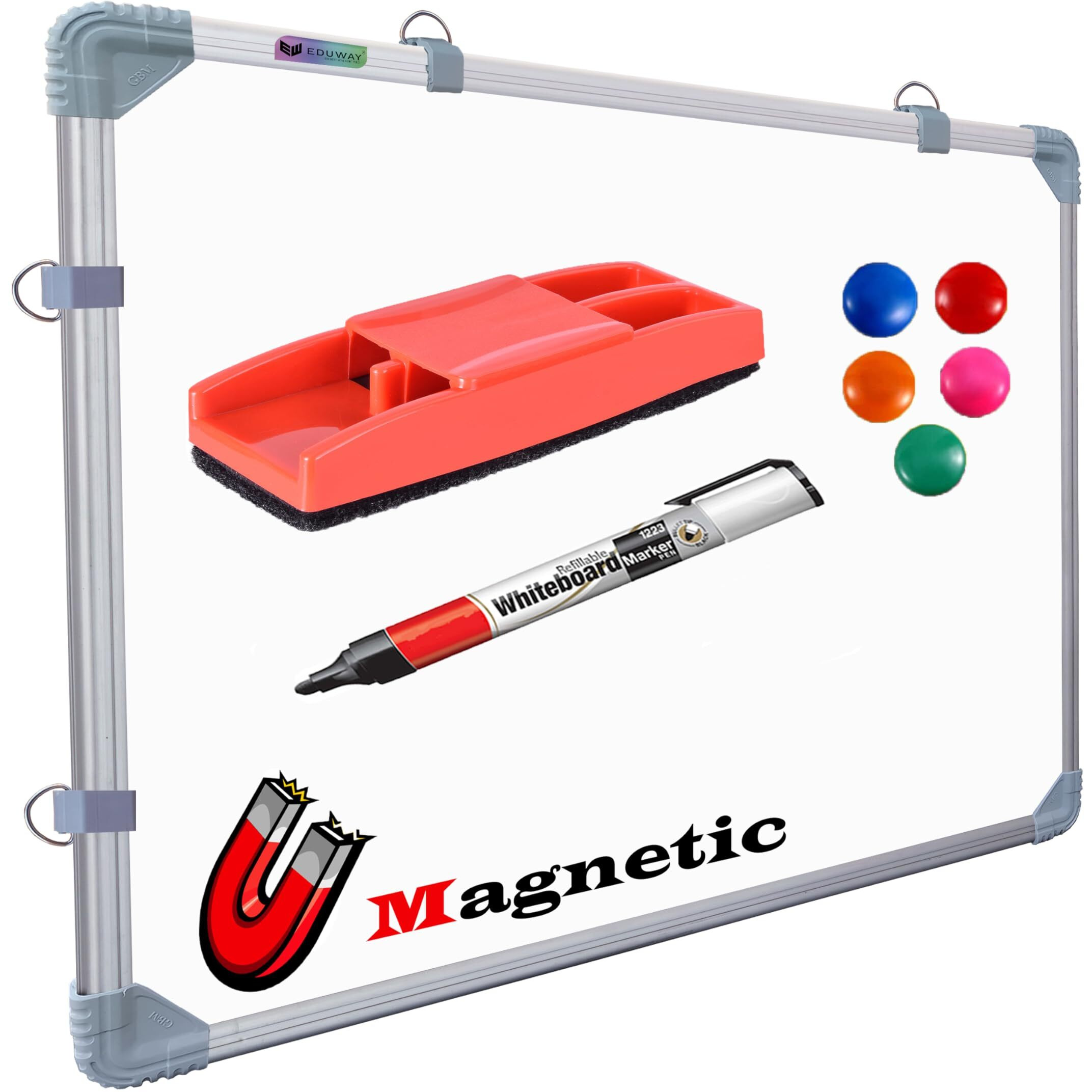 Eduway (Magnetic) 2X3 Feet White Board With (Marker, Duster And Magnets) | Ideal Use For Home, Office, Kids With Sliding Hanging Clips, Robust Aluminum Frame And Smooth Melamine Surface (89X59 Cms).