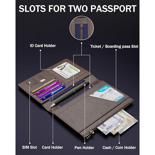 Fedus Brown, Faux Leather Passport Holder For Men, Passport Holder For Women's Passport Cover Case Wallet, Boarding Pass Slots Rfid Protected Travel Accessories Organiser