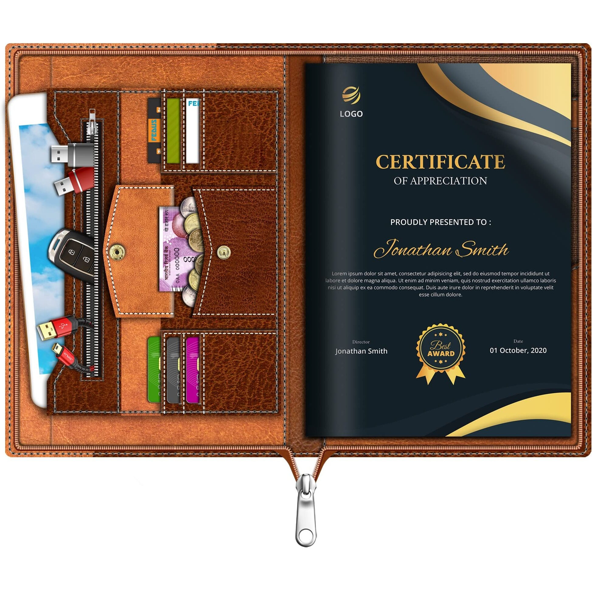 Fedus Document File Folder For Certificates, Leatherette Multipurpose Professional Folder File For Documents, Documents Holder, Document Bag, Portfolio, Executive File With 20 Leafs For Men And Women