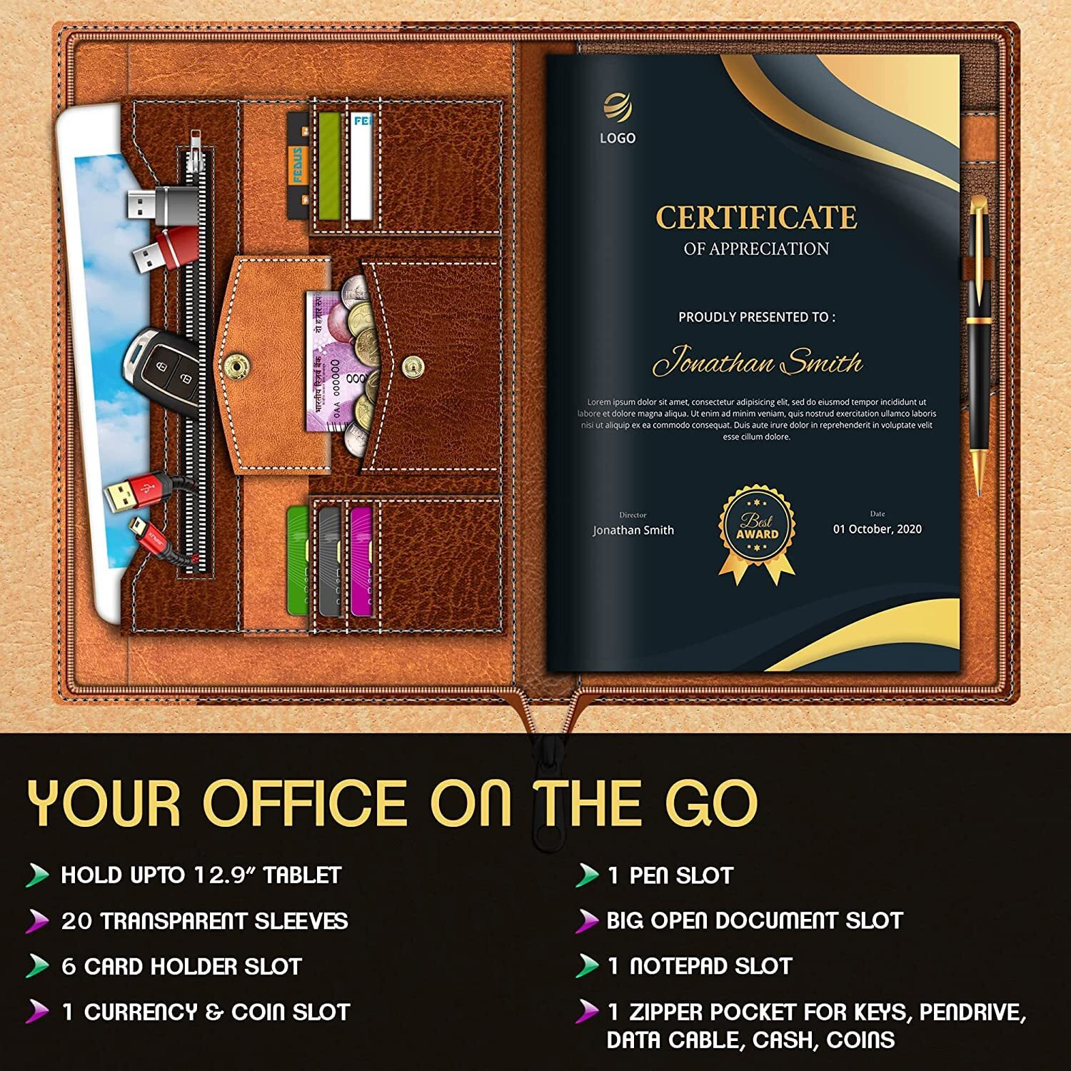 Fedus Document File Folder For Certificates, Leatherette Multipurpose Professional Folder File For Documents, Documents Holder, Document Bag, Portfolio, Executive File With 20 Leafs For Men And Women