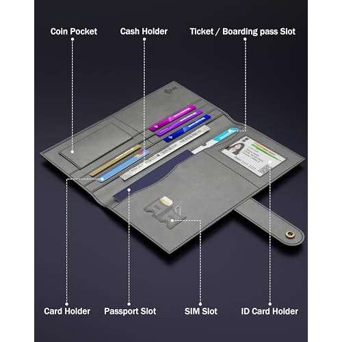 Fedus Leather Premium Long Currency Holder,Passport Holder For Unisex, Wallet With Card Holder,Id Card,Ticket,Currency,Boarding Pass Slots Rfid Protected Travel Accessories Organiser,Grey