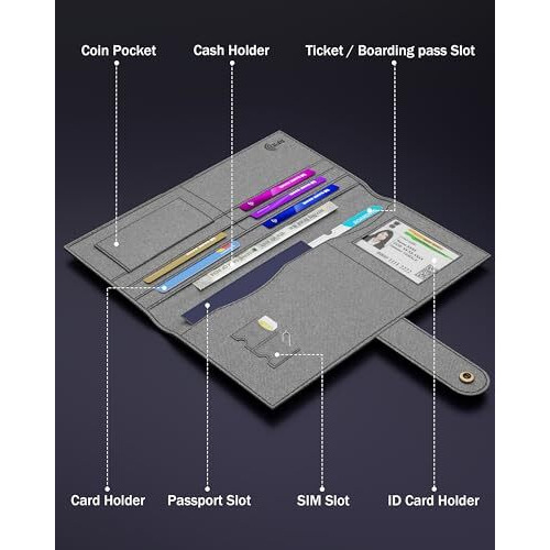 Fedus Leather Premium Long Currency Holder,Passport Holder For Unisex, Wallet With Card Holder,Id Card,Ticket,Currency,Boarding Pass Slots Rfid Protected Travel Accessories Organiser,Grey