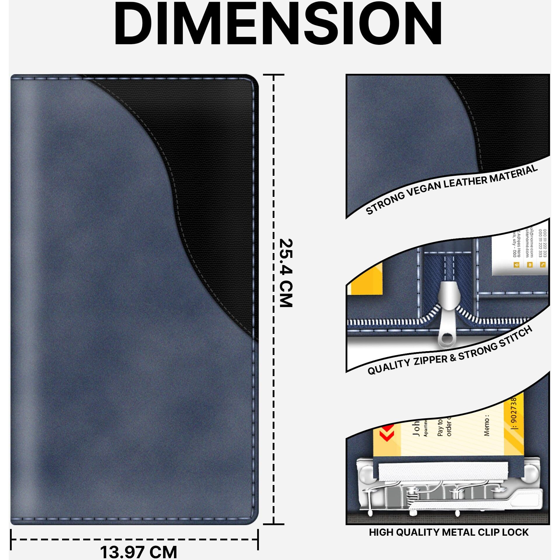 Fedus Vegan Leather Expanding Handmade Multiple Cheque Book Holder For Cards, Women/Men Checkbook Wallet, Traveling Wallets, Documents Holder (Blueberry)