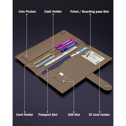 Fedus Leather Premium Long Currency Holder,Passport Holder For Unisex, Wallet With Card Holder,Id Card,Ticket,Currency,Boarding Pass Slots Rfid Protected Travel Accessories Organiser,Brown