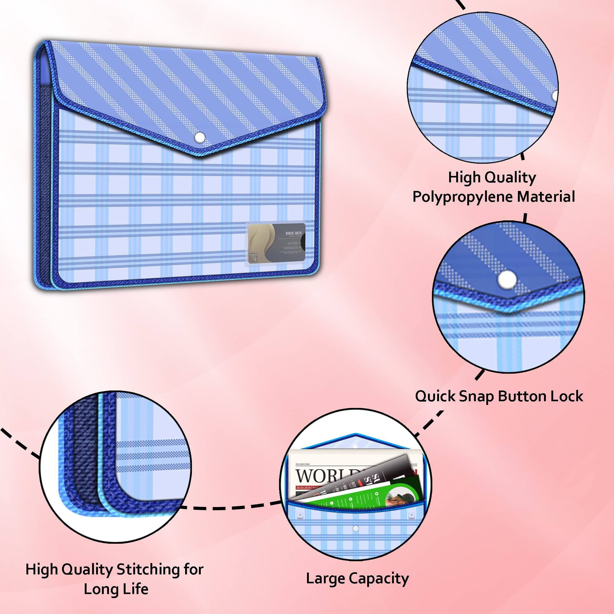 Fedus Pack Of 2 Documents Holder Envelope Folder, Stylist Printed File Storage Bag With Snap Button Transparent Plastic File For Documents Certificate File Document Folder For Certificate (Blue, Pack Of 2)