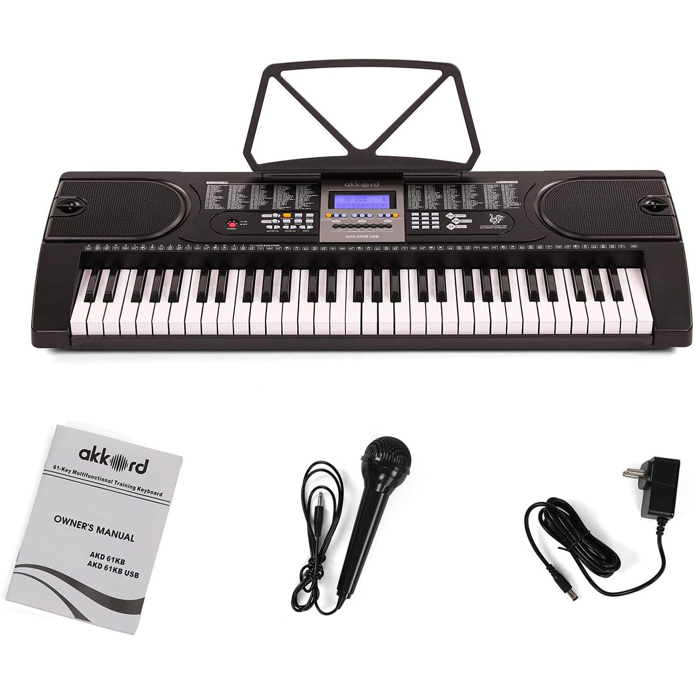 Akkord Akd 61Kb 61-Key Octave Electronic Keyboard With Adapter- Lcd Display| Usb Input| Mic |Music Sheet Stand | 255 Rhythms | 255 Timbres | 24 Demos