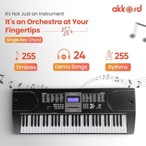 Akkord Akd 61Kb 61-Key Octave Electronic Keyboard With Adapter- Lcd Display| Usb Input| Mic |Music Sheet Stand | 255 Rhythms | 255 Timbres | 24 Demos