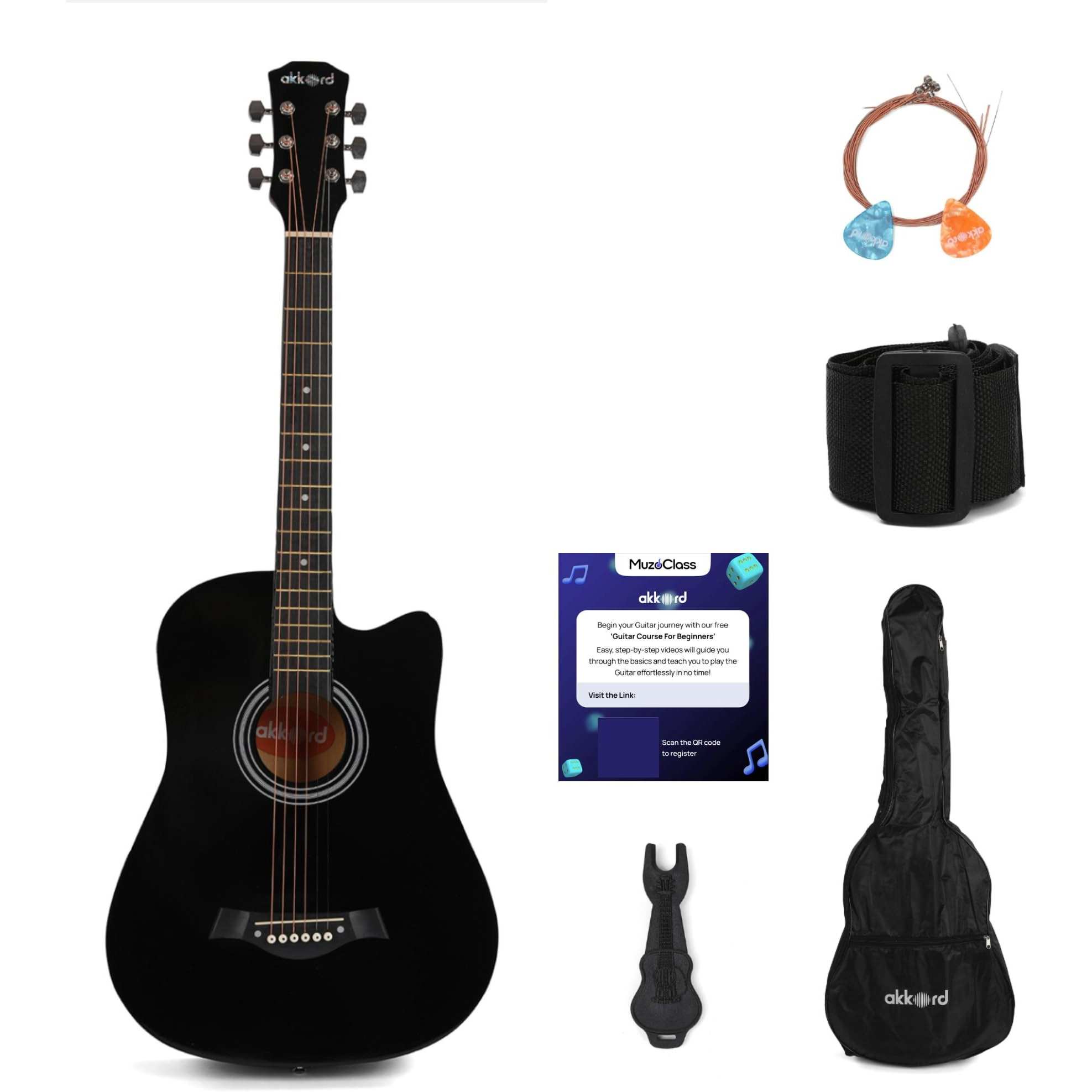 Akkord Basswood 38 Inch Acoustic Cutaway Guitar Kit With Gigbag, Strings, Picks, Strap And Key - Glossy Black | Complete Guitar Kit For Beginners With Free Course