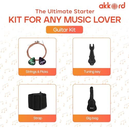 Akkord Basswood 38 Inch Acoustic Cutaway Guitar Kit With Gigbag, Strings, Picks, Strap And Key - Glossy Black | Complete Guitar Kit For Beginners With Free Course