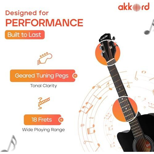 Akkord Basswood 38 Inch Acoustic Cutaway Guitar Kit With Gigbag, Strings, Picks, Strap And Key - Glossy Black | Complete Guitar Kit For Beginners With Free Course