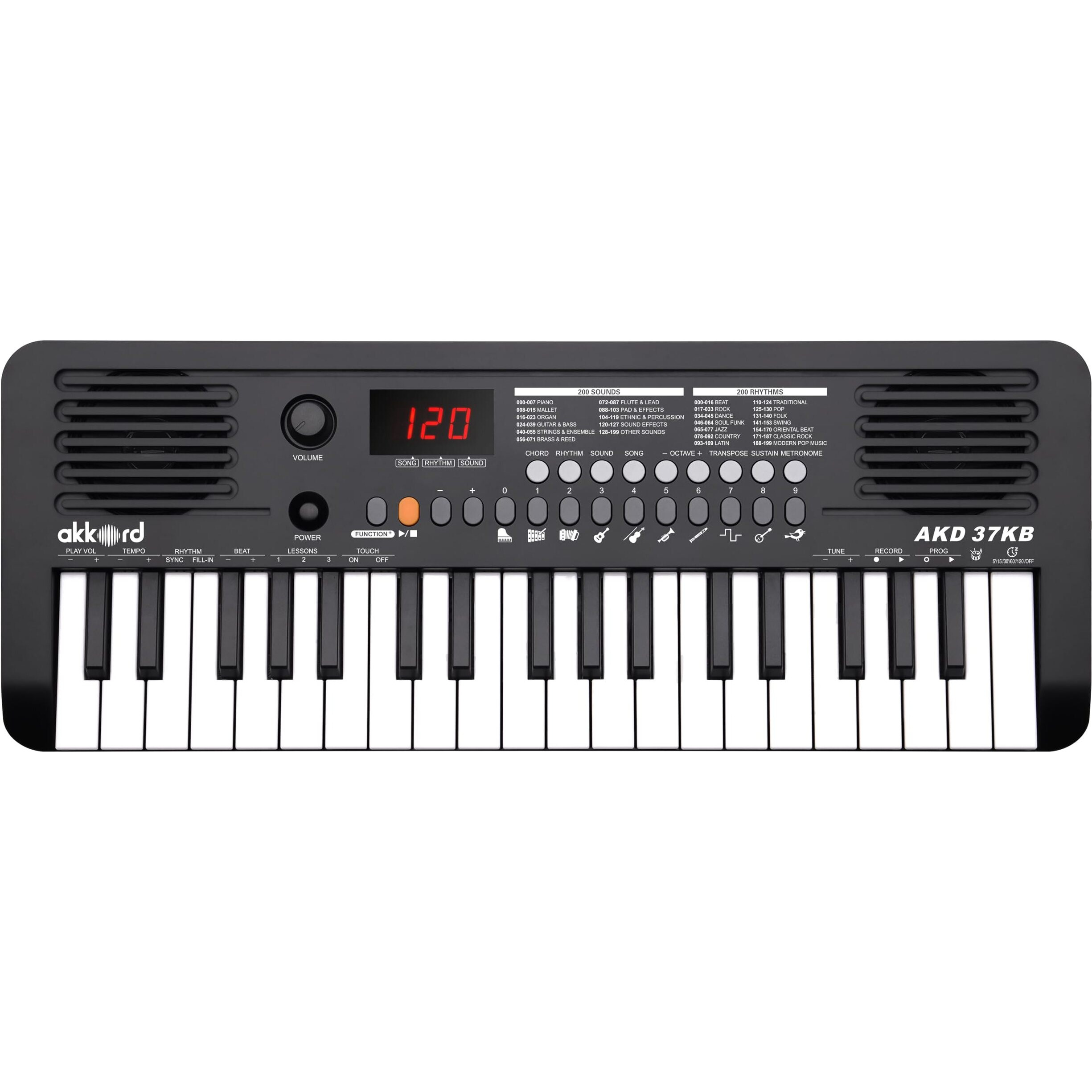 Akkord 37 Keys Music Keyboard  Black Edition | Midi Usb-C, Touch Response, 200 Rhythms, Tones & 40 Demos, Led Display, Portable Beginner Piano Compatible With Garageband.