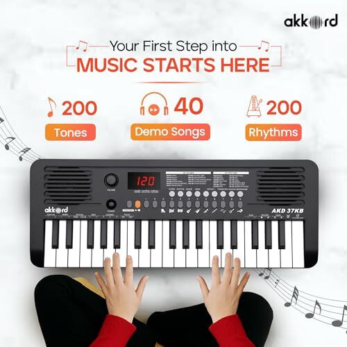 Akkord 37 Keys Music Keyboard  Black Edition | Midi Usb-C, Touch Response, 200 Rhythms, Tones & 40 Demos, Led Display, Portable Beginner Piano Compatible With Garageband.