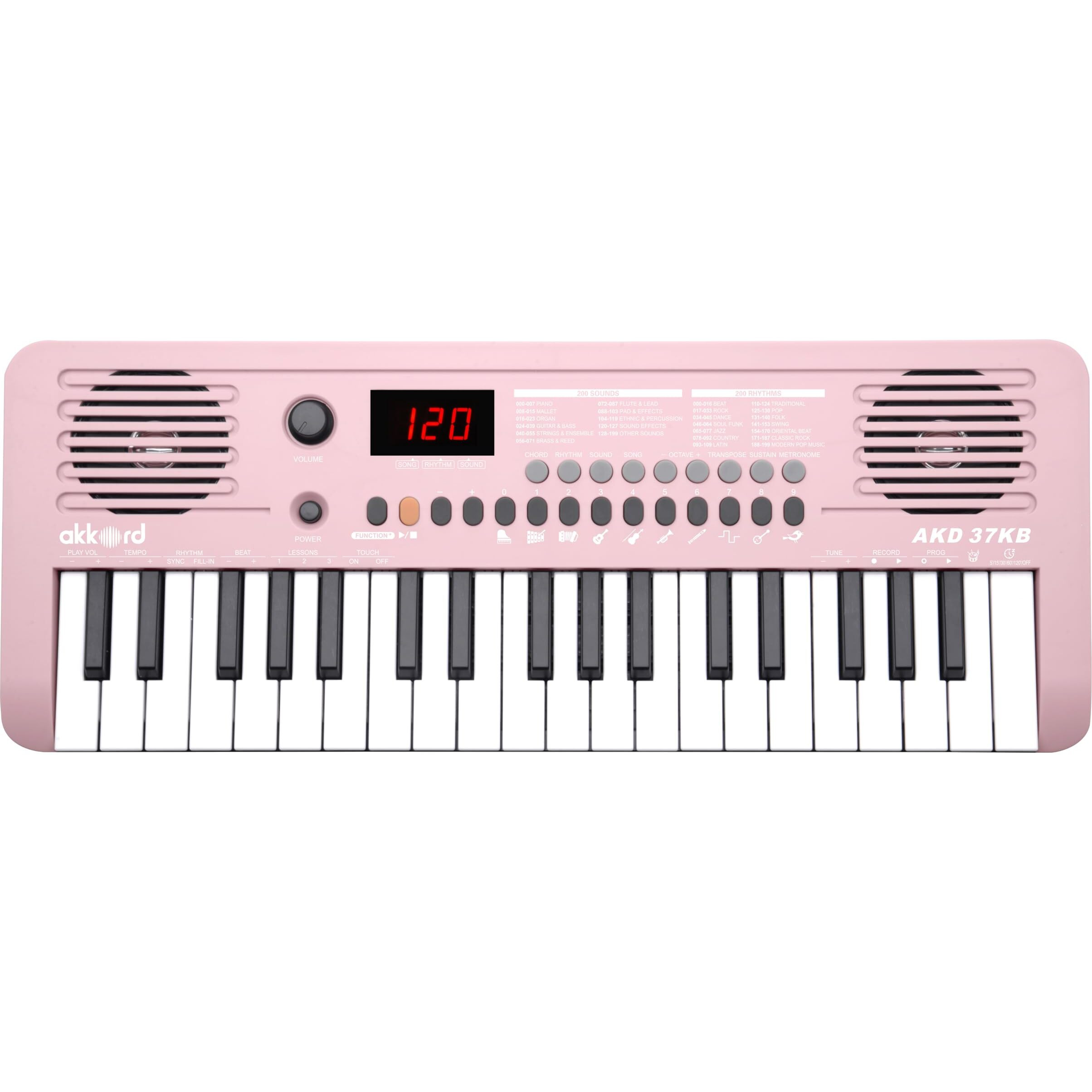 Akkord 37 Keys Music Keyboard  Pink Edition | Midi Usb-C, Touch Response, 200 Rhythms,Tones & 40 Demos, Led Display, Portable Beginner Piano Compatible With Garageband.