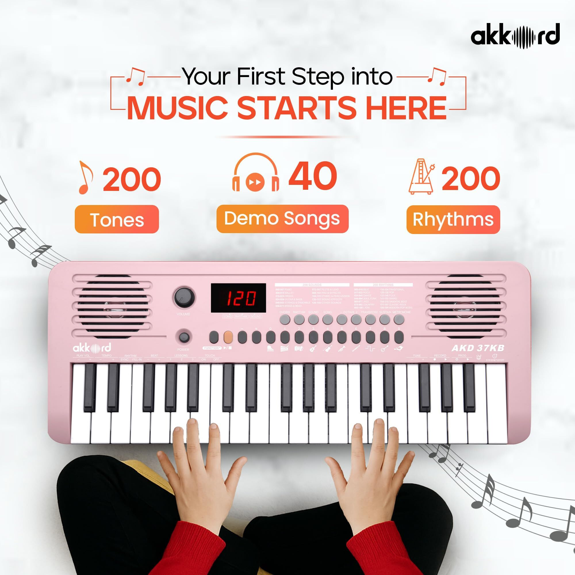 Akkord 37 Keys Music Keyboard  Pink Edition | Midi Usb-C, Touch Response, 200 Rhythms,Tones & 40 Demos, Led Display, Portable Beginner Piano Compatible With Garageband.