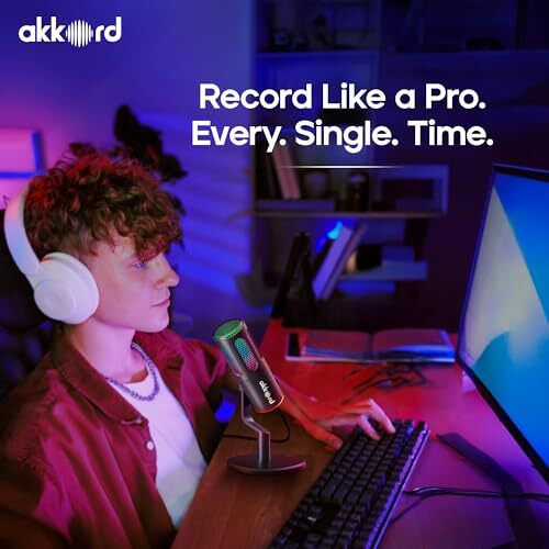 Akkord Usb Condenser Microphone With Rgb Lights, Real-Time Monitoring, Noise Cancellation, Plug & Play Usb-C Mic For Pc, Mac, Android, Ipad  Ideal For Podcasting, Gaming & Streaming