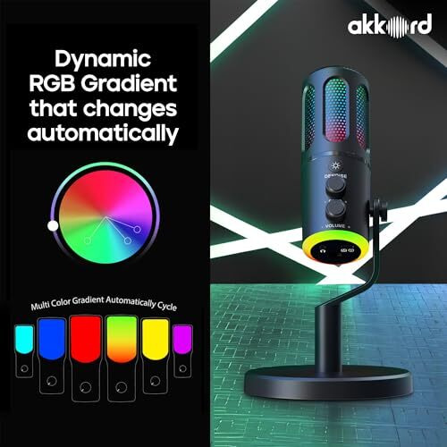 Akkord Usb Condenser Microphone With Rgb Lights, Real-Time Monitoring, Noise Cancellation, Plug & Play Usb-C Mic For Pc, Mac, Android, Ipad  Ideal For Podcasting, Gaming & Streaming