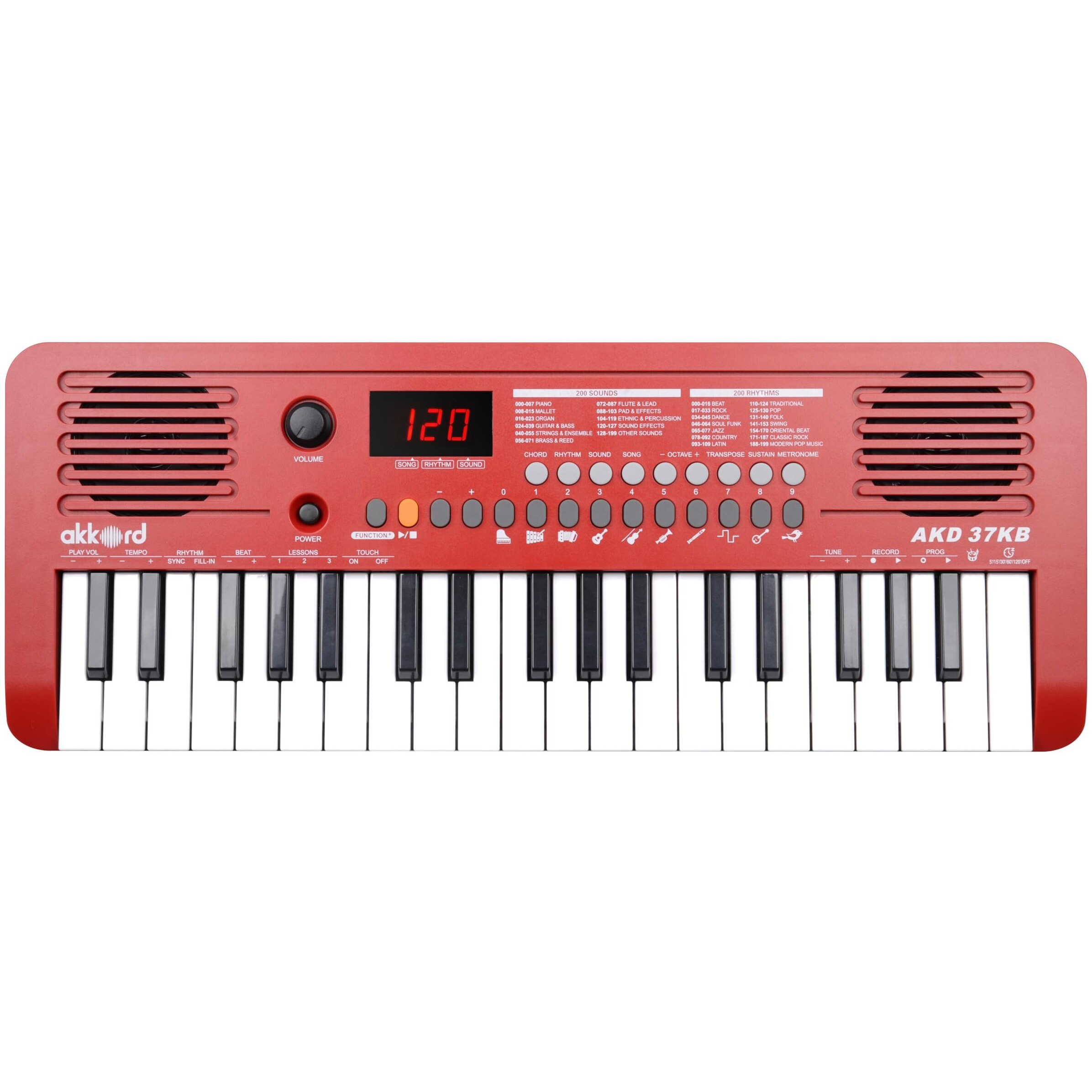 Akkord 37 Keys Music Keyboard  Red Edition | Midi Usb-C, Touch Response, 200 Rhythms, Tones & 40 Demos, Led Display, Portable Beginner Piano Compatible With Garageband.