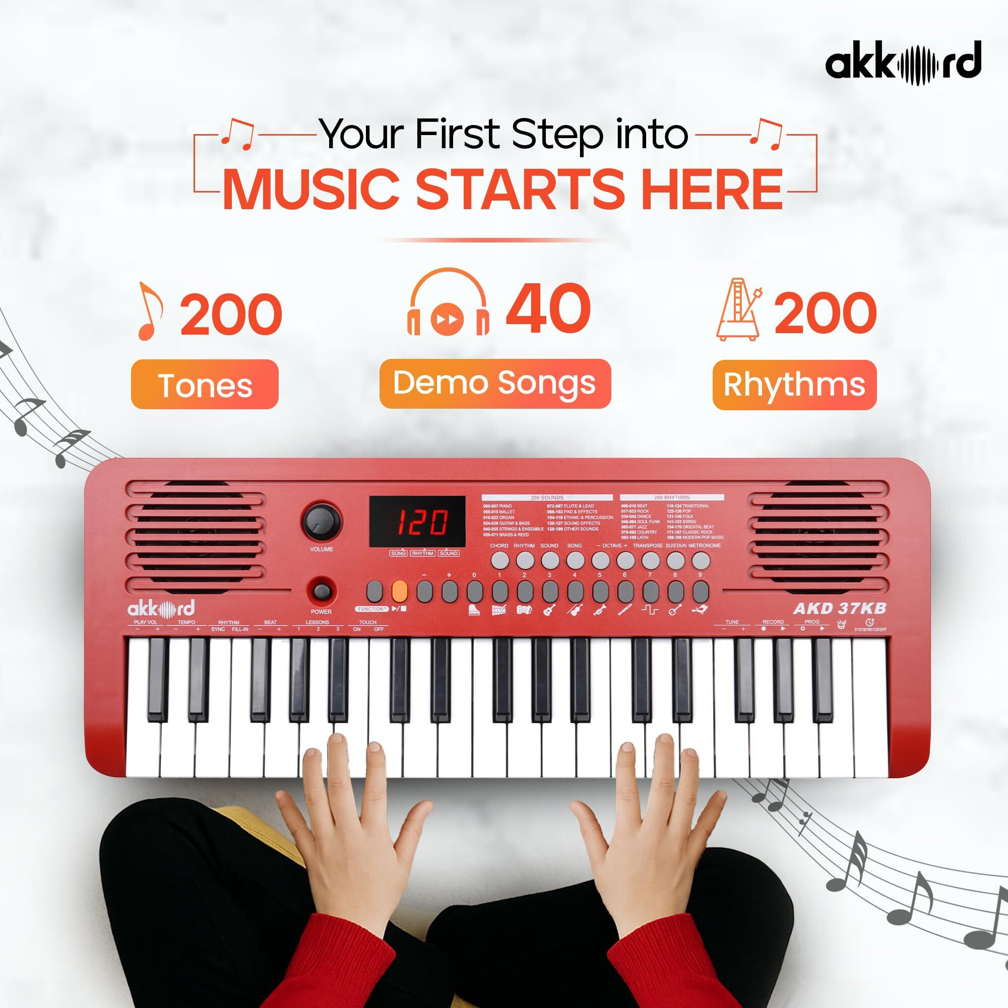 Akkord 37 Keys Music Keyboard  Red Edition | Midi Usb-C, Touch Response, 200 Rhythms, Tones & 40 Demos, Led Display, Portable Beginner Piano Compatible With Garageband.