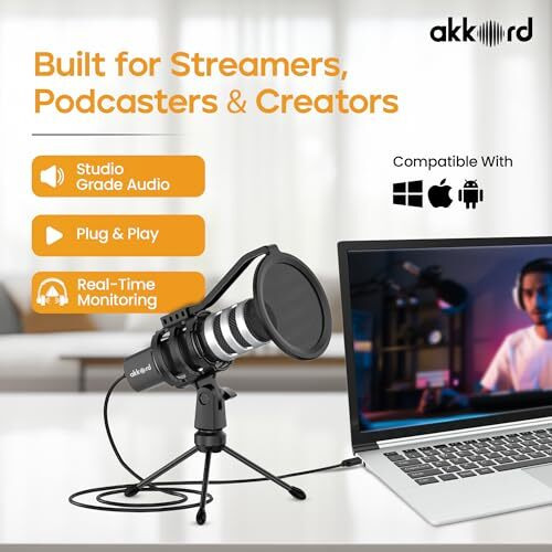 Akkord Usb Microphone With Tripod Stand  192Khz/24Bit Cardioid Condenser Mic, 9.7Mm Diaphragm, Plug & Play For Podcasting, Streaming, Voice Recording, Gaming  For Pc, Mac, Laptop