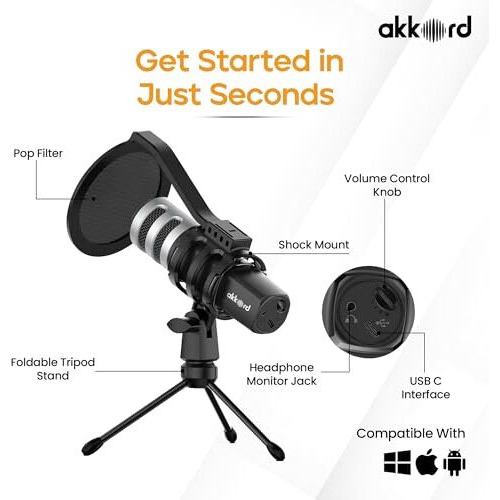 Akkord Usb Microphone With Tripod Stand  192Khz/24Bit Cardioid Condenser Mic, 9.7Mm Diaphragm, Plug & Play For Podcasting, Streaming, Voice Recording, Gaming  For Pc, Mac, Laptop