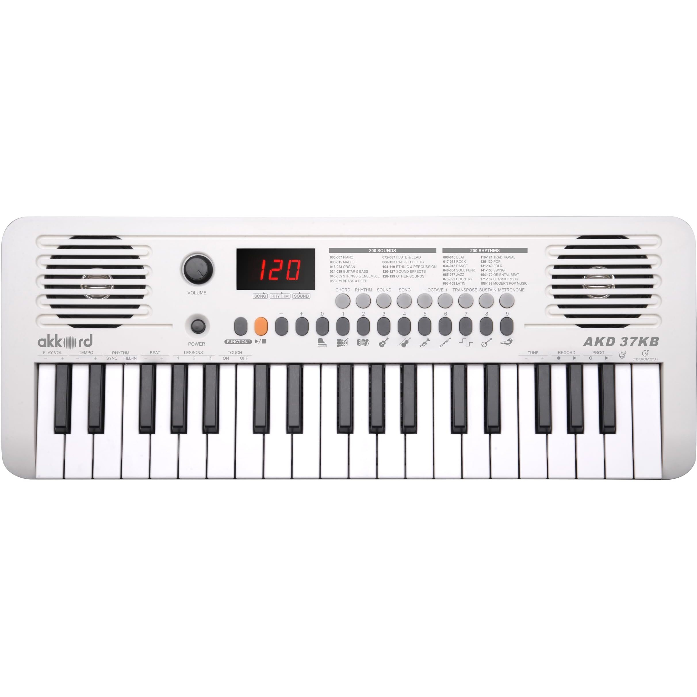 Akkord 37 Keys Music Keyboard  White Edition | Midi Usb-C, Touch Response, 200 Rhythms, Tones & 40 Demos, Led Display, Portable Beginner Piano Compatible With Garageband.
