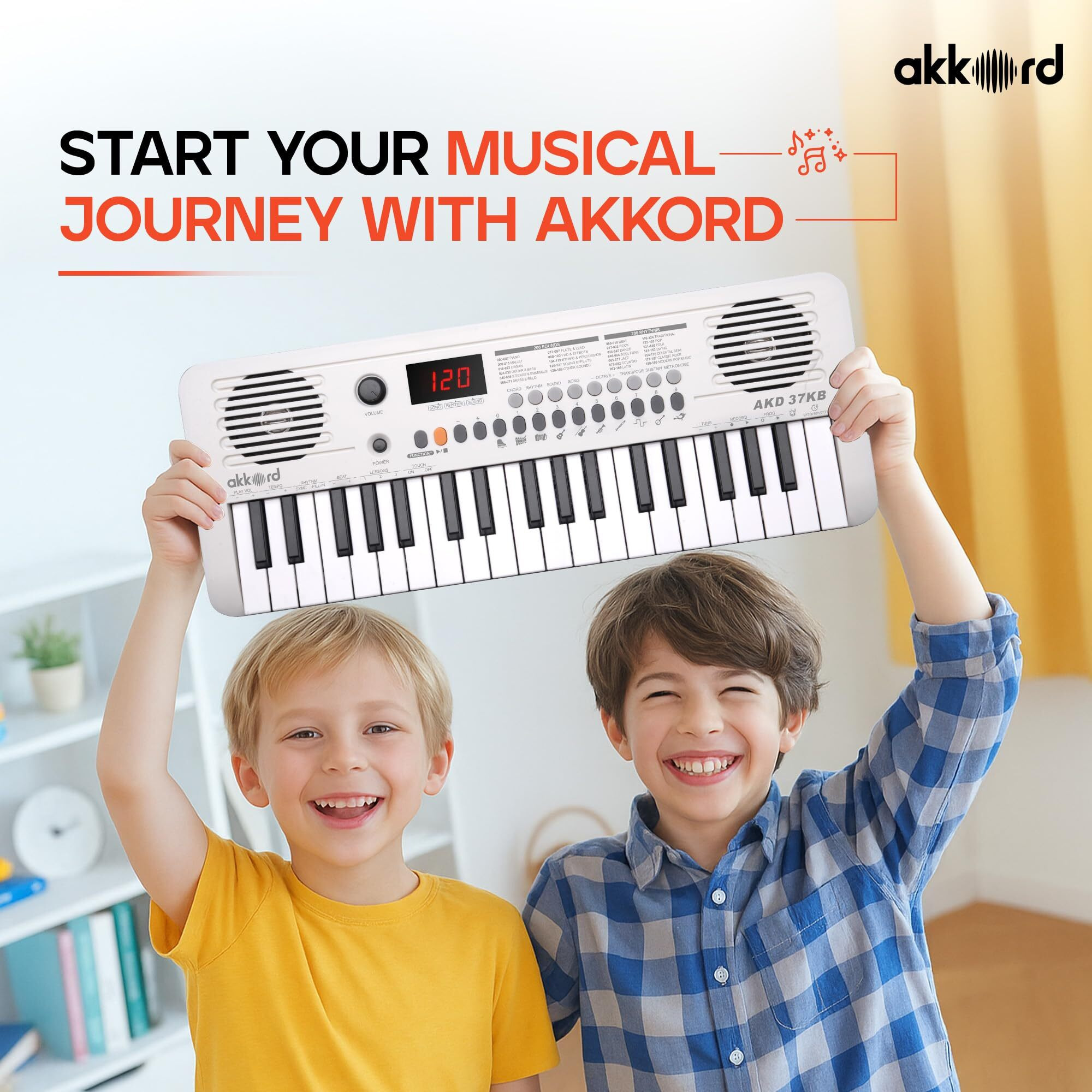 Akkord 37 Keys Music Keyboard  White Edition | Midi Usb-C, Touch Response, 200 Rhythms, Tones & 40 Demos, Led Display, Portable Beginner Piano Compatible With Garageband.