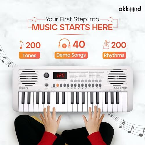 Akkord 37 Keys Music Keyboard  White Edition | Midi Usb-C, Touch Response, 200 Rhythms, Tones & 40 Demos, Led Display, Portable Beginner Piano Compatible With Garageband.