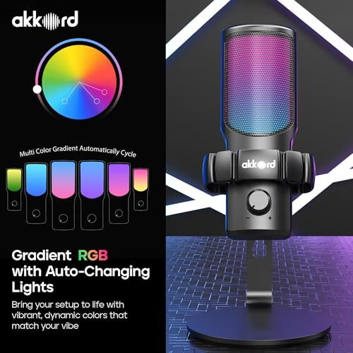 Akkord Usb Condenser Microphone, Cardioid Polar Pattern, 192Khz/24Bit, Real-Time Monitoring, 40Db Sensitivity, 50Hz16Khz Frequency Response, Plug Podcasting, Gaming, Streaming, Voice Recording
