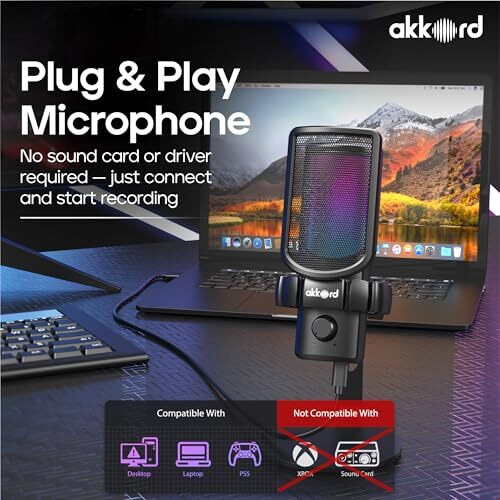 Akkord Usb Condenser Microphone, Cardioid Polar Pattern, 192Khz/24Bit, Real-Time Monitoring, 40Db Sensitivity, 50Hz16Khz Frequency Response, Plug Podcasting, Gaming, Streaming, Voice Recording