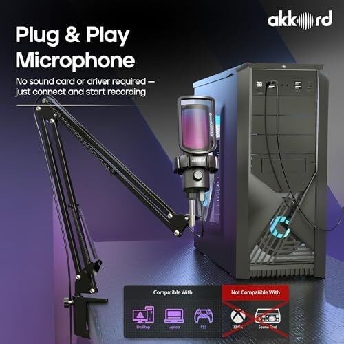 Akkord Usb Microphone With Boom Arm  192Khz/24Bit Cardioid Condenser Mic For Podcasting, Streaming, Gaming, Voice Recording  Plug & Play, Shock Mount, Pop Filter For Pc/Mac