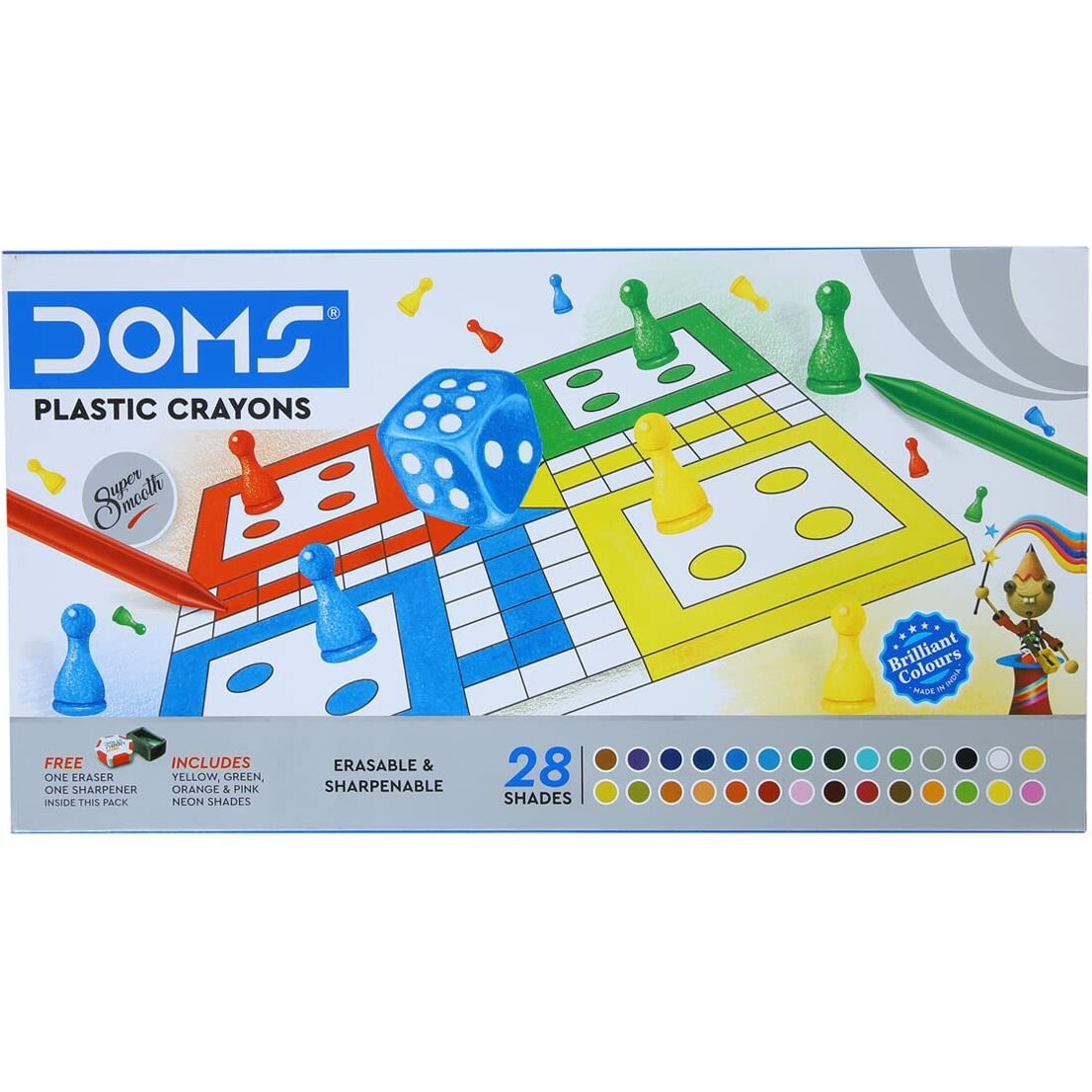 Doms Non-Toxic 28 Shades Super Smooth Plastic Crayons | Erasable & Sharpenable | 1 Eraser & 1 Sharpener Included | Pack Of 1