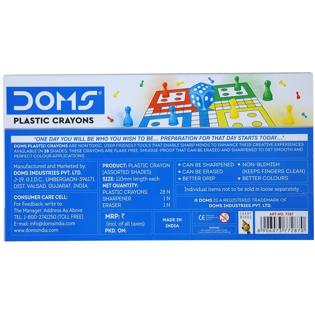 Doms Non-Toxic 28 Shades Super Smooth Plastic Crayons | Erasable & Sharpenable | 1 Eraser & 1 Sharpener Included | Pack Of 1