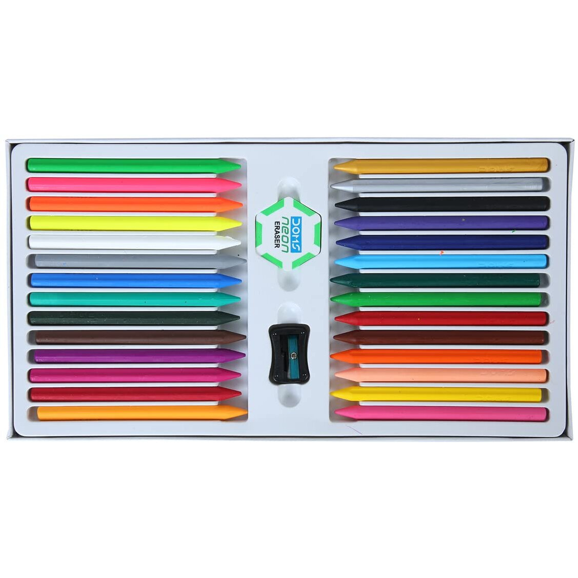 Doms Non-Toxic 28 Shades Super Smooth Plastic Crayons | Erasable & Sharpenable | 1 Eraser & 1 Sharpener Included | Pack Of 1