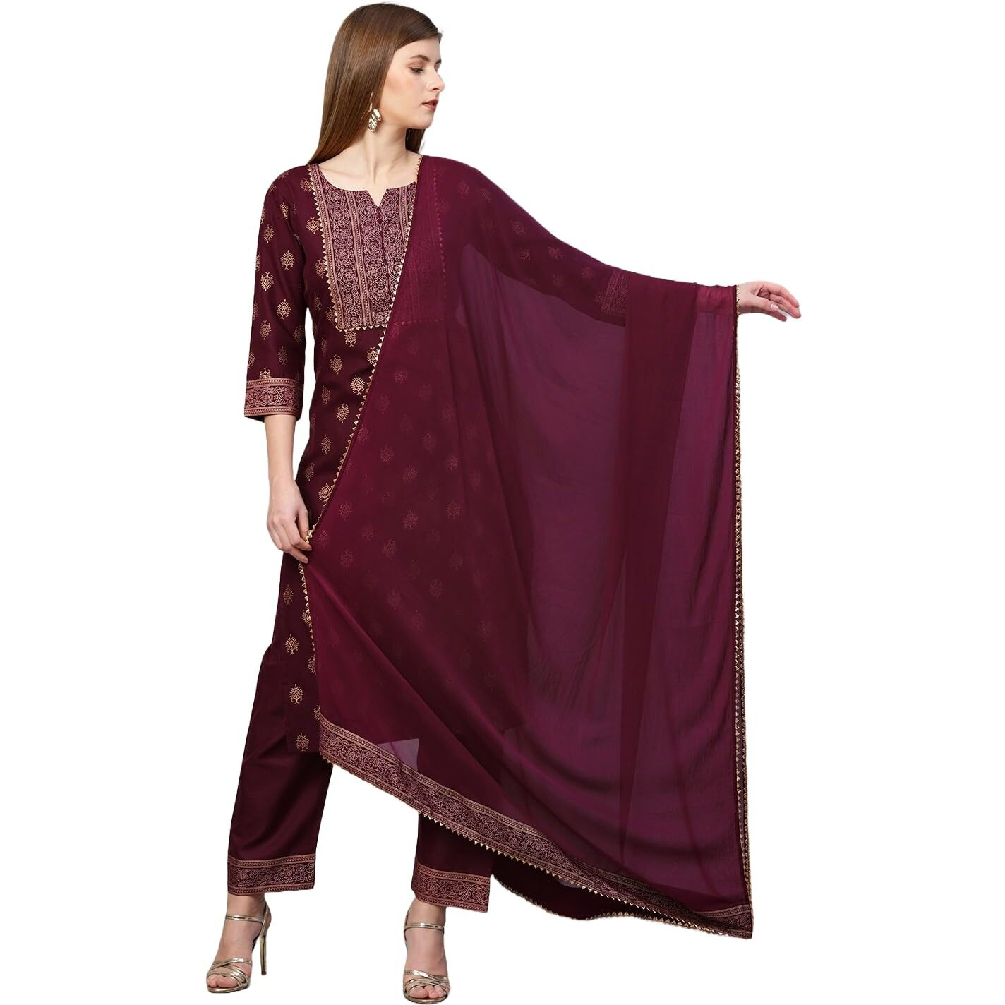 ANNI DESIGNER Women's Cotton Blend Straight Printed Kurta with Pant & Dupatta (Coco Wine-SM_S_Wine_Small)