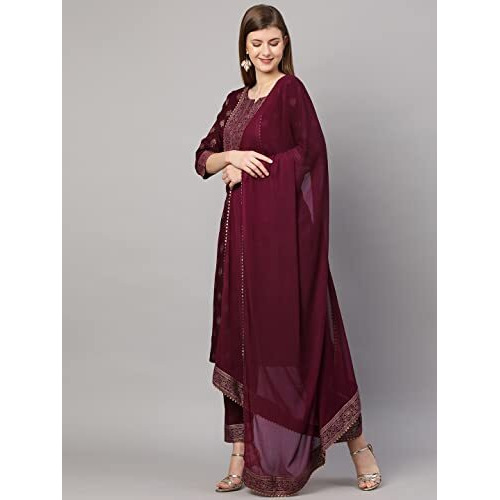 ANNI DESIGNER Women's Cotton Blend Straight Printed Kurta with Pant & Dupatta (Coco Wine-SM_S_Wine_Small)