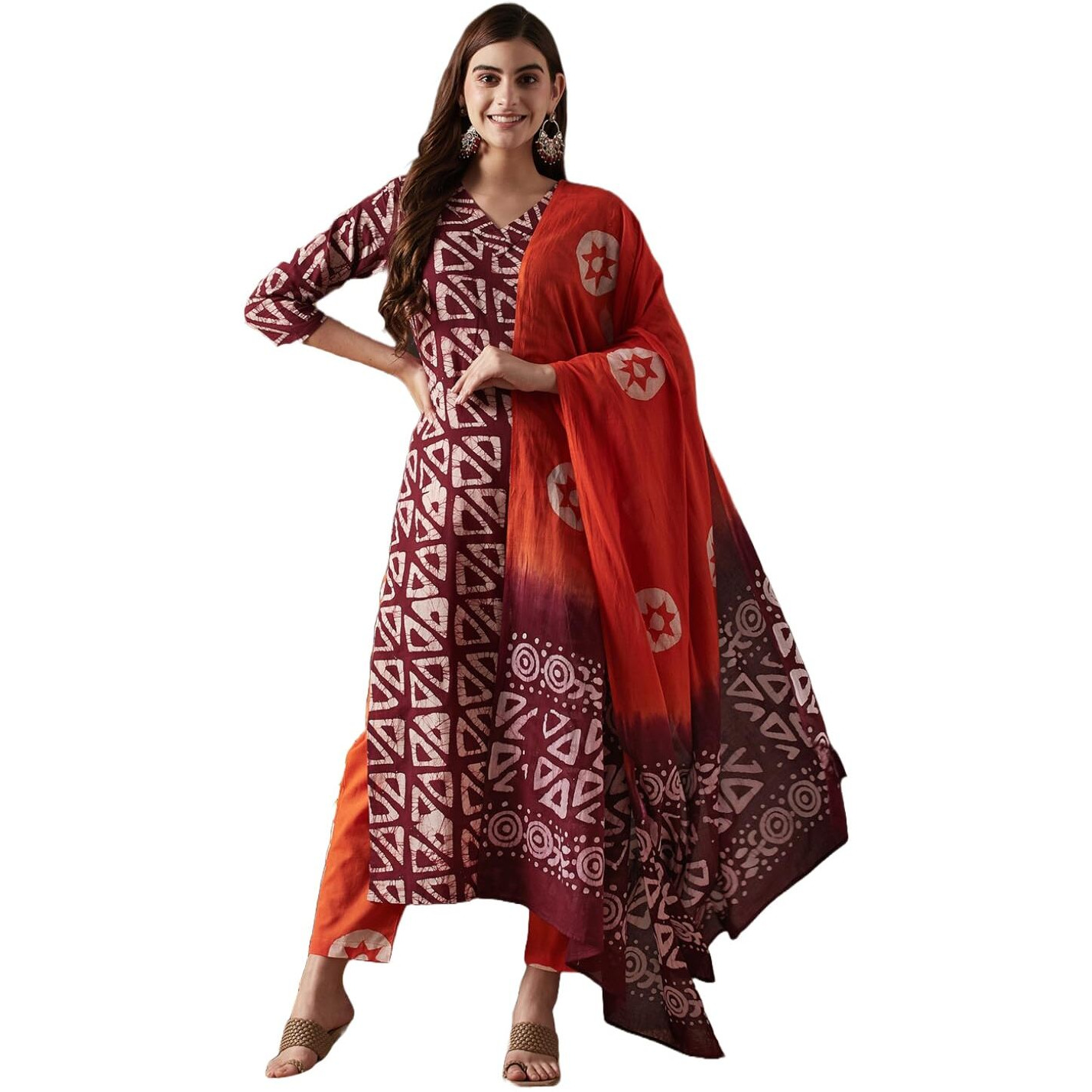 ANNI DESIGNER Women's Cotton Blend Straight Printed Kurta with Pant & Dupatta (Karka Op-Wine-KBV_L_Wine_Large)